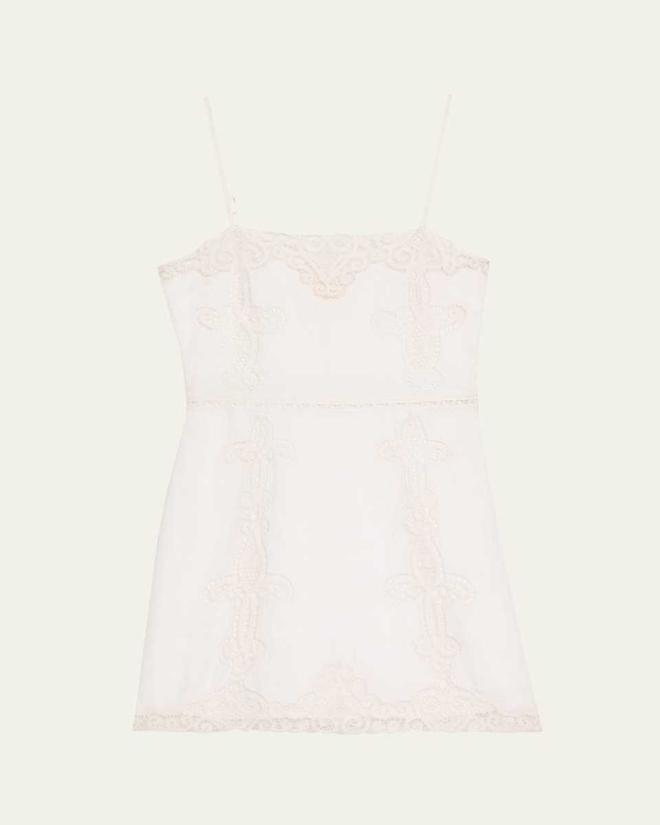 Olivine Linen Crochet Lace Mini Dress